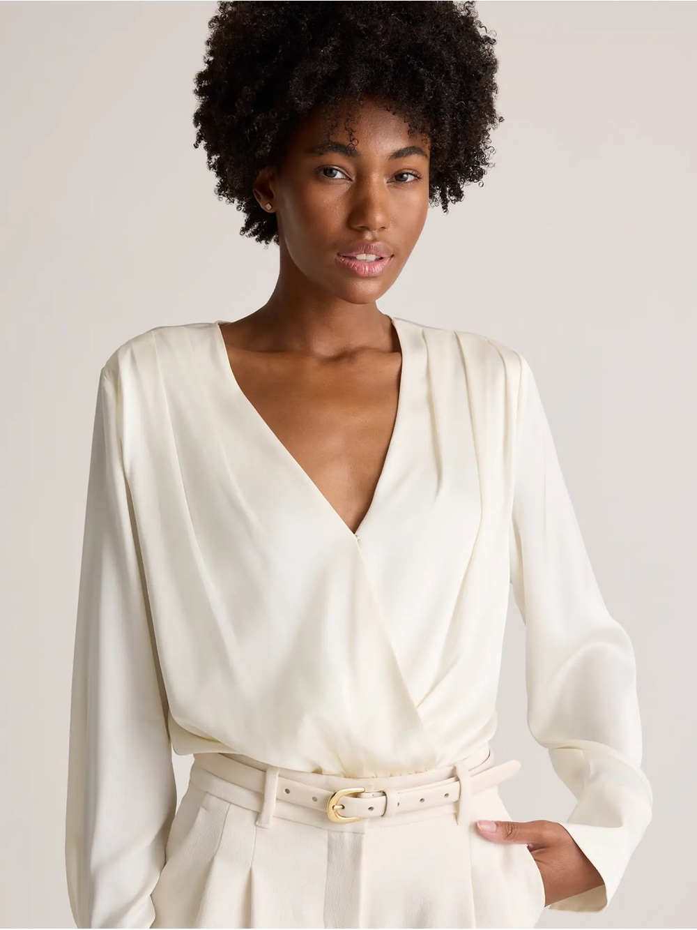 Quince Washable Stretch Silk Surplice Bodysuit White Small
